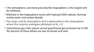 • The atmosphere, and more precisely the troposphere, is the largest sink
for methane.
• Methane in the troposphere reacts with hydroxyl (OH) radicals, forming
mainly water and carbon dioxide
• The major sink for atmospheric N2O is destruction in the stratosphere
where the majority undergoes photolysis to N2 + O
• .Greenhouse gas sinks reduce annual greenhouse gas emissions by 11.4%.
Ten percent of these offsets are due to forests and soils.
 