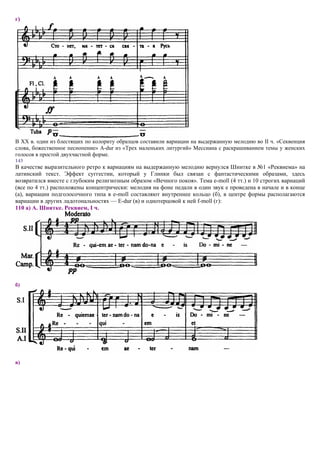г)




В XX в. один из блестящих по колориту образцов составили вариации на выдержанную мелодию во II ч. «Секвенция
слова, божественное песнопение» A-dur из «Трех маленьких литургий» Мессиана с раскрашиванием темы у женских
голосов в простой двухчастной форме.
143
В качестве выразительного ретро к вариациям на выдержанную мелодию вернулся Шнитке в №1 «Реквиема» на
латинский текст. Эффект суггестии, который у Глинки был связан с фантастическими образами, здесь
возвратился вместе с глубоким религиозным образом «Вечного покоя». Тема e-moll (4 тт.) и 10 строгих вариаций
(все по 4 тт.) расположены концентрически: мелодия на фоне педали в один звук e проведена в начале и в конце
(а), вариации подголосочного типа в e-moll составляют внутреннее кольцо (б), в центре формы располагаются
вариации в других ладотональностях — E-dur (в) и однотерцовой к ней f-moll (г):
110 а) А. Шнитке. Реквием, I ч.




б)




в)
 