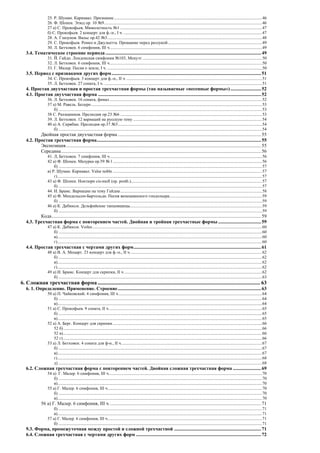25. P. Шуман. Карнавал. Признание ...........................................................................................................................................46
                   26. Ф. Шопен. Этюд ор. 10 №9....................................................................................................................................................46
                   27 а) С. Прокофьев. Мимолетность №1 .....................................................................................................................................47
                   б) С. Прокофьев. 2 концерт для ф.-п., I ч. ..................................................................................................................................47
                   28. А. Глазунов. Вальс ор.42 №3.................................................................................................................................................48
                   29. С. Прокофьев. Ромео и Джульетта. Прощание перед разлукой ........................................................................................49
                   30. Л. Бетховен. 6 симфония, III ч...............................................................................................................................................49
   3.4. Тематическое строение периода ............................................................................................................................... 49
                   31. Й. Гайдн. Лондонская симфония №103, Менуэт ................................................................................................................50
                   32. Л. Бетховен. 6 симфония, III ч...............................................................................................................................................50
                   33. Г. Малер. Песня о земле, I ч. .................................................................................................................................................50
   3.5. Период с признаками других форм .......................................................................................................................... 51
                   34. С. Прокофьев. 3 концерт для ф.-п., II ч. ...............................................................................................................................51
                   35. Л. Бетховен. 27 соната, I ч. ....................................................................................................................................................51
   4. Простая двухчастная и простая трехчастная формы (так называемые «песенные формы») ......................... 52
   4.1. Простая двухчастная форма ..................................................................................................................................... 52
                   36. Л. Бетховен. 16 соната, финал ...............................................................................................................................................52
                   37 а) М. Равель. Болеро ................................................................................................................................................................53
                       б) ...............................................................................................................................................................................................53
                   38 С. Рахманинов. Прелюдия ор.23 №6 .....................................................................................................................................53
                   39. Л. Бетховен. 12 вариаций на русскую тему .........................................................................................................................54
                   40 а) А. Скрябин. Прелюдия ор.37 №3 .......................................................................................................................................54
                       б) ...............................................................................................................................................................................................54
          Двойная простая двухчастная форма ..................................................................................................................... 55
   4.2. Простая трехчастная форма...................................................................................................................................... 55
          Экспозиция ............................................................................................................................................................... 55
          Середина ................................................................................................................................................................... 56
                   41. Л, Бетховен. 7 симфония, III ч...............................................................................................................................................56
                   42 а) Ф. Шопен. Мазурка ор.59 № l ............................................................................................................................................56
                       б) ...............................................................................................................................................................................................57
                   в) P. Шуман. Карнавал. Valse noble ............................................................................................................................................57
                       г)................................................................................................................................................................................................57
                   43 а) Ф. Шопен. Ноктюрн cis-moll (ор. posth.)...........................................................................................................................57
                       б) ...............................................................................................................................................................................................57
                   44. И. Брамс. Вариации на тему Гайдна .....................................................................................................................................58
                   45 а) Ф. Мендельсон-Бартольди. Песня венецианского гондольера.......................................................................................59
                       б) ...............................................................................................................................................................................................59
                   46 а) К. Дебюсси. Дельфийские танцовщицы............................................................................................................................59
                       б) ...............................................................................................................................................................................................59
          Кода........................................................................................................................................................................... 59
   4.3. Трехчастная форма с повторением частей. Двойная и тройная трехчастные формы ................................... 59
                   47 а) К. Дебюсси. Voiles ...............................................................................................................................................................60
                       б) ...............................................................................................................................................................................................60
                       в)................................................................................................................................................................................................60
                       г)................................................................................................................................................................................................60
   4.4. Простая трехчастная с чертами других форм........................................................................................................ 61
                   48 а) В. А. Моцарт. 23 концерт для ф.-п., II ч............................................................................................................................62
                       б) ...............................................................................................................................................................................................62
                       в)................................................................................................................................................................................................62
                       г)................................................................................................................................................................................................62
                   49 а) И. Брамс. Концерт для скрипки, II ч..................................................................................................................................62
                       б) ...............................................................................................................................................................................................63
6. Сложная трехчастная форма ........................................................................................................................ 63
   6. 1. Определение. Применение. Строение..................................................................................................................... 63
                   50 а) П. Чайковский. 4 симфония, III ч.......................................................................................................................................64
                       б) ...............................................................................................................................................................................................64
                       в)................................................................................................................................................................................................64
                   51 а) С. Прокофьев. 9 соната, II ч................................................................................................................................................65
                       б) ...............................................................................................................................................................................................65
                       в)................................................................................................................................................................................................65
                   52 a) А. Берг. Концерт для скрипки ............................................................................................................................................66
                       52 б) ..........................................................................................................................................................................................66
                       52 в)...........................................................................................................................................................................................66
                       52 г)...........................................................................................................................................................................................66
                   53 а) Л. Бетховен. 4 соната для ф-н., II ч. ...................................................................................................................................67
                       б) ...............................................................................................................................................................................................67
                       в)................................................................................................................................................................................................67
                       г)................................................................................................................................................................................................68
                       д) ...............................................................................................................................................................................................68
   6.2. Сложная трехчастная форма с повторением частей. Двойная сложная трехчастная форма ....................... 69
                   54 а) Г. Малер. 6 симфония, III ч................................................................................................................................................70
                       б) ...............................................................................................................................................................................................70
                       в)................................................................................................................................................................................................70
                   55 а) Г. Малер. 6 симфония, III ч.................................................................................................................................................70
                       б) ...............................................................................................................................................................................................70
                       в)................................................................................................................................................................................................70
              56 а) Г. Малер. 6 симфония, III ч. ........................................................................................................................... 71
                       б) ...............................................................................................................................................................................................71
                       в)................................................................................................................................................................................................71
                   57 а) Г. Малер. 6 симфония, III ч.................................................................................................................................................71
                       б) ...............................................................................................................................................................................................71
   9.3. Форма, промежуточная между простой и сложной трехчастной ....................................................................... 71
   6.4. Сложная трехчастная с чертами других форм ...................................................................................................... 72
 