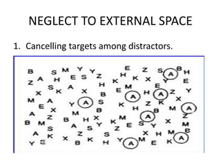 NEGLECT TO EXTERNAL SPACE
1. Cancelling targets among distractors.
 