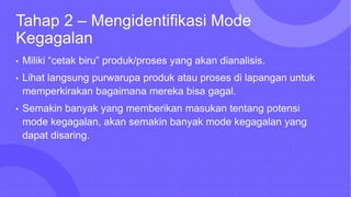 Tahap 2 – Mengidentifikasi Mode
Kegagalan
• Miliki “cetak biru” produk/proses yang akan dianalisis.
• Lihat langsung purwarupa produk atau proses di lapangan untuk
memperkirakan bagaimana mereka bisa gagal.
• Semakin banyak yang memberikan masukan tentang potensi
mode kegagalan, akan semakin banyak mode kegagalan yang
dapat disaring.
 