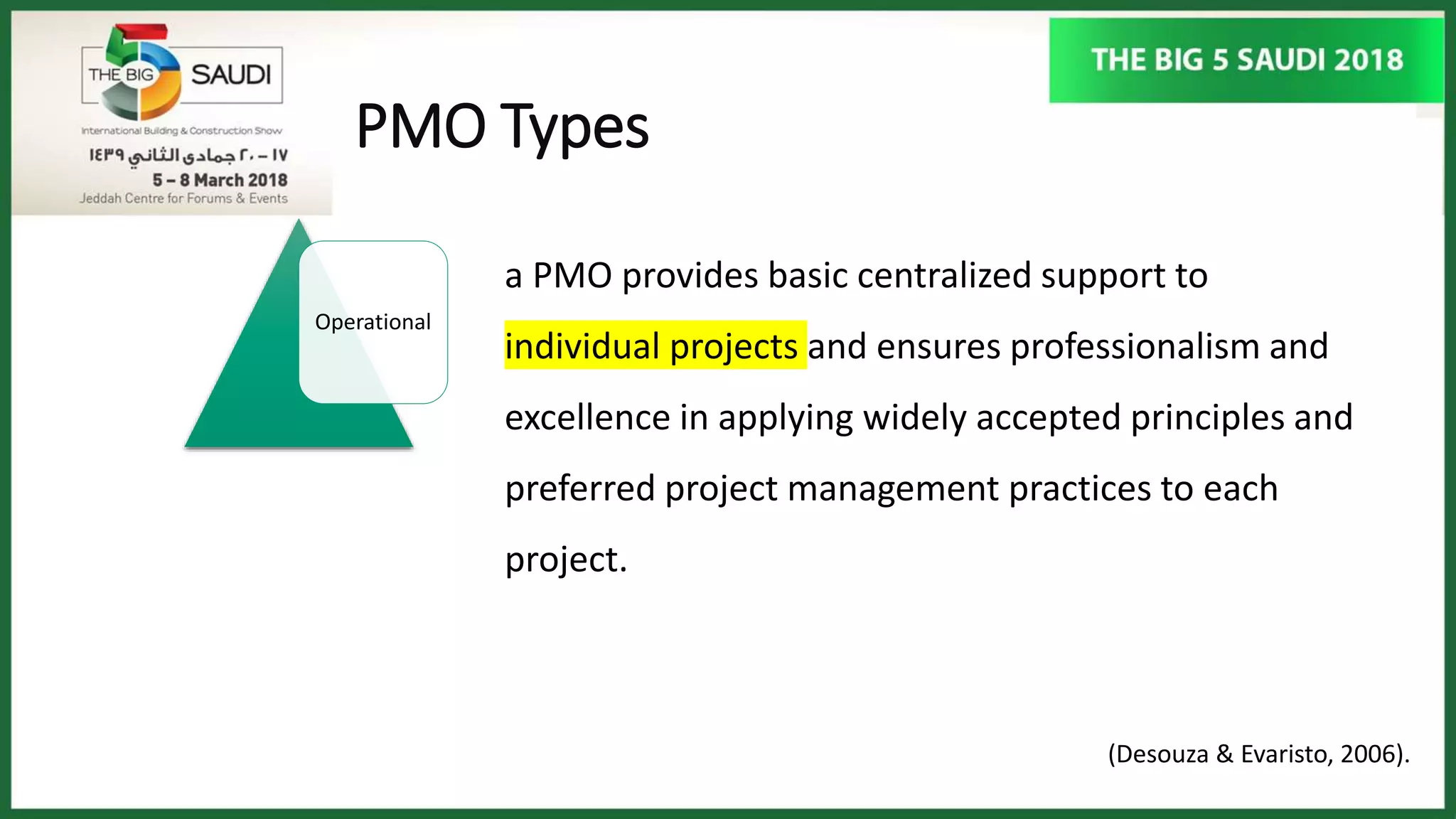 PMO Types
Operational
(Desouza & Evaristo, 2006).
a PMO provides basic centralized support to
individual projects and ensures professionalism and
excellence in applying widely accepted principles and
preferred project management practices to each
project.
 