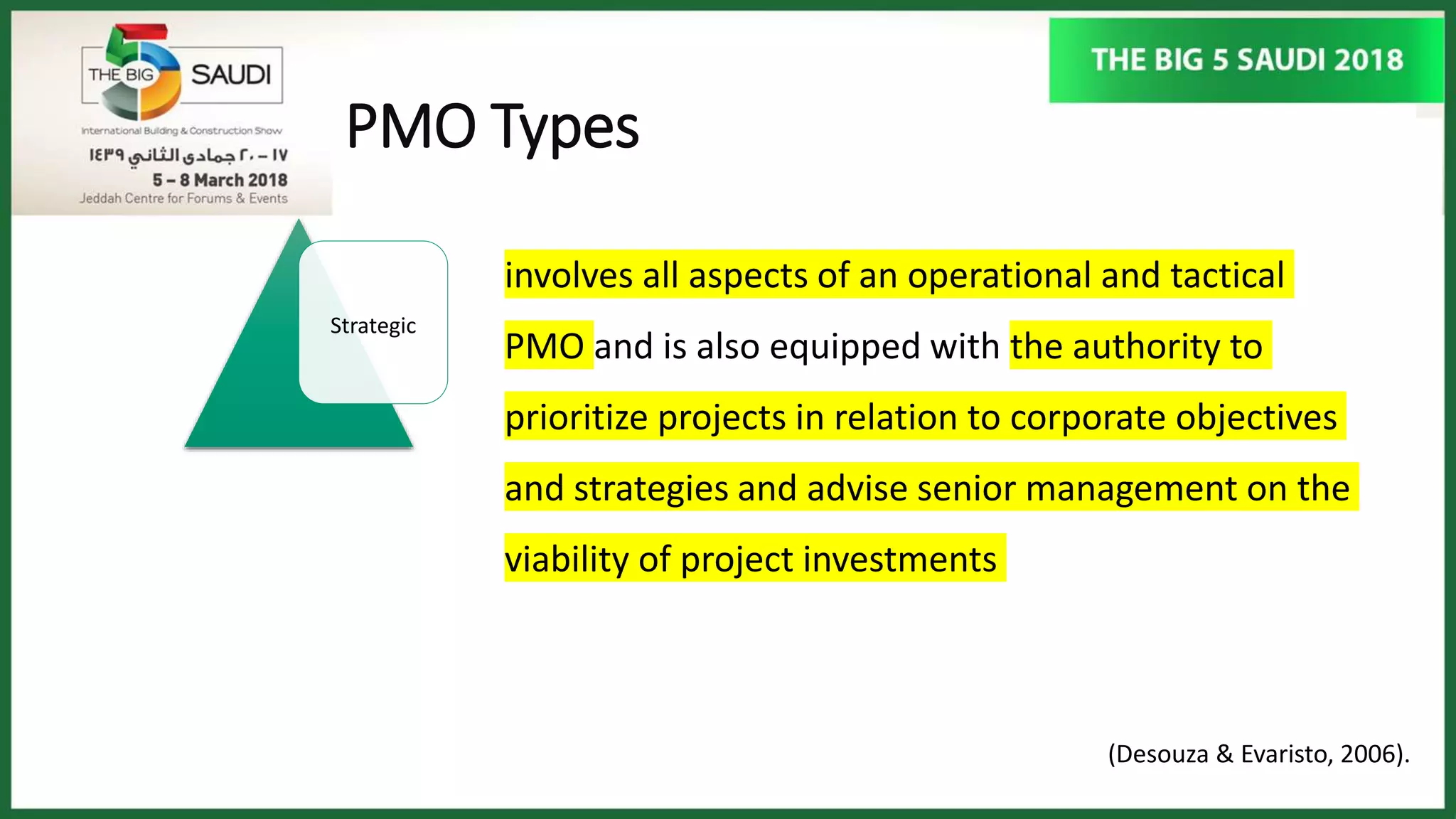 PMO Types
Strategic
(Desouza & Evaristo, 2006).
involves all aspects of an operational and tactical
PMO and is also equipped with the authority to
prioritize projects in relation to corporate objectives
and strategies and advise senior management on the
viability of project investments
 