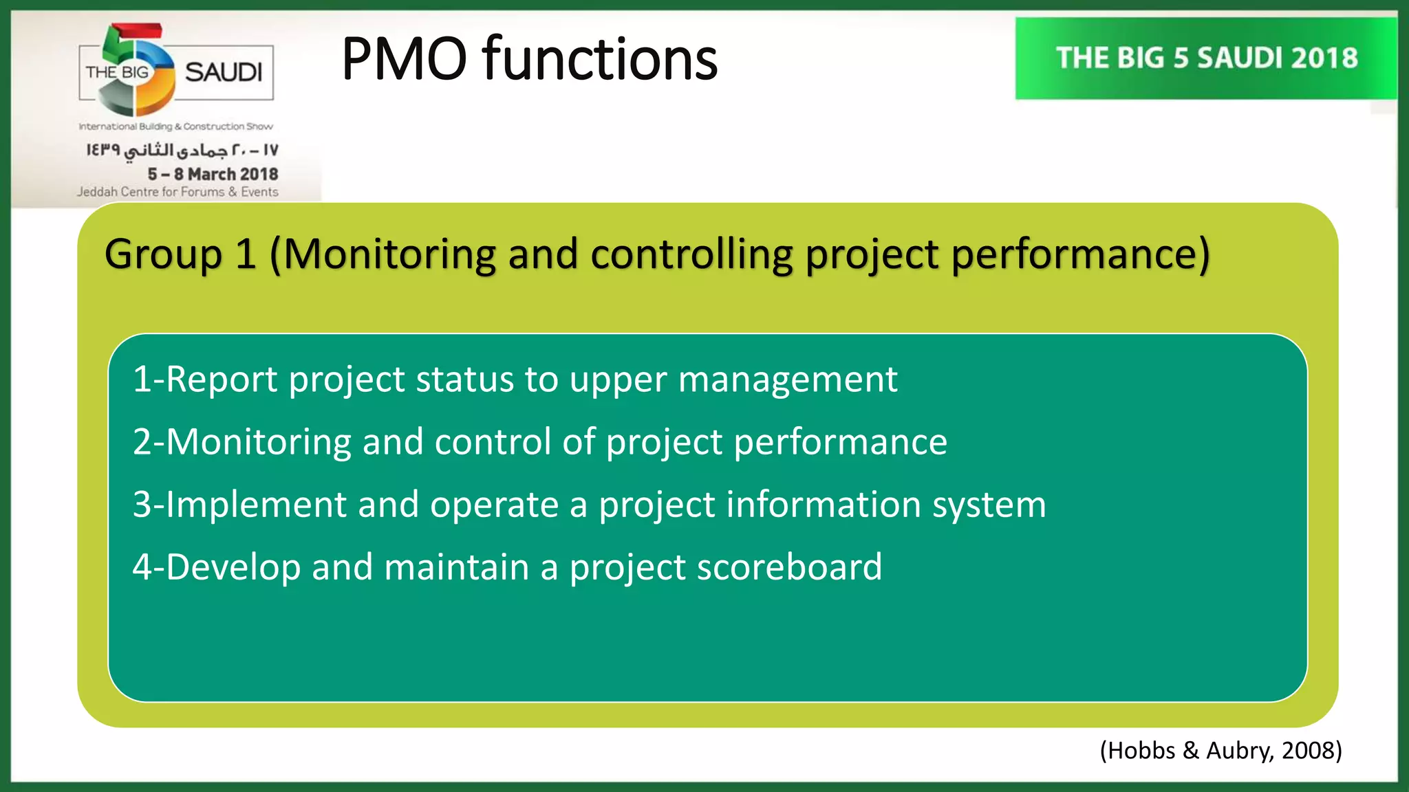PMO functions
Group 1 (Monitoring and controlling project performance)
1-Report project status to upper management
2-Monitoring and control of project performance
3-Implement and operate a project information system
4-Develop and maintain a project scoreboard
(Hobbs & Aubry, 2008)
 