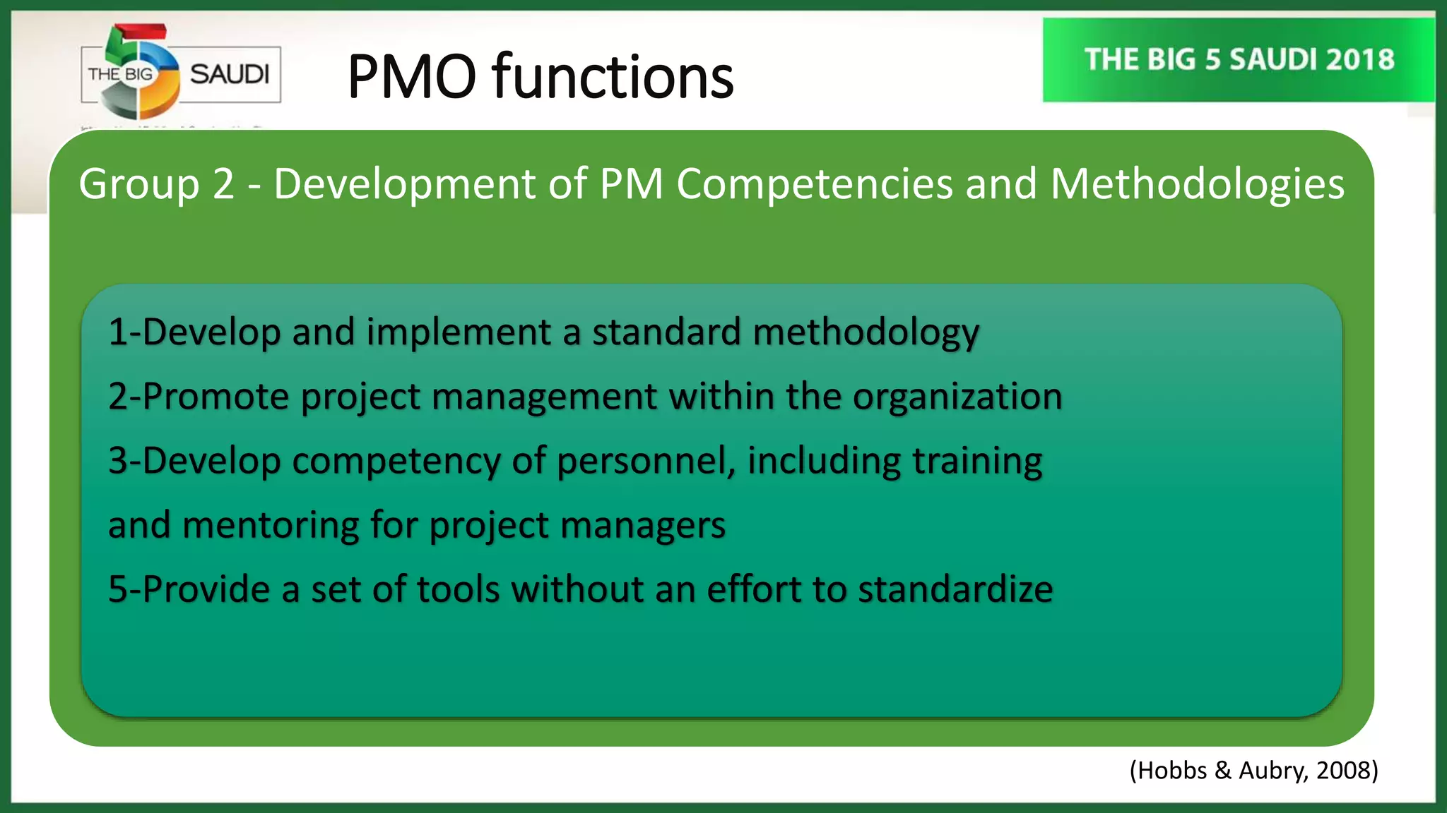 PMO functions
Group 2 - Development of PM Competencies and Methodologies
1-Develop and implement a standard methodology
2-Promote project management within the organization
3-Develop competency of personnel, including training
and mentoring for project managers
5-Provide a set of tools without an effort to standardize
(Hobbs & Aubry, 2008)
 