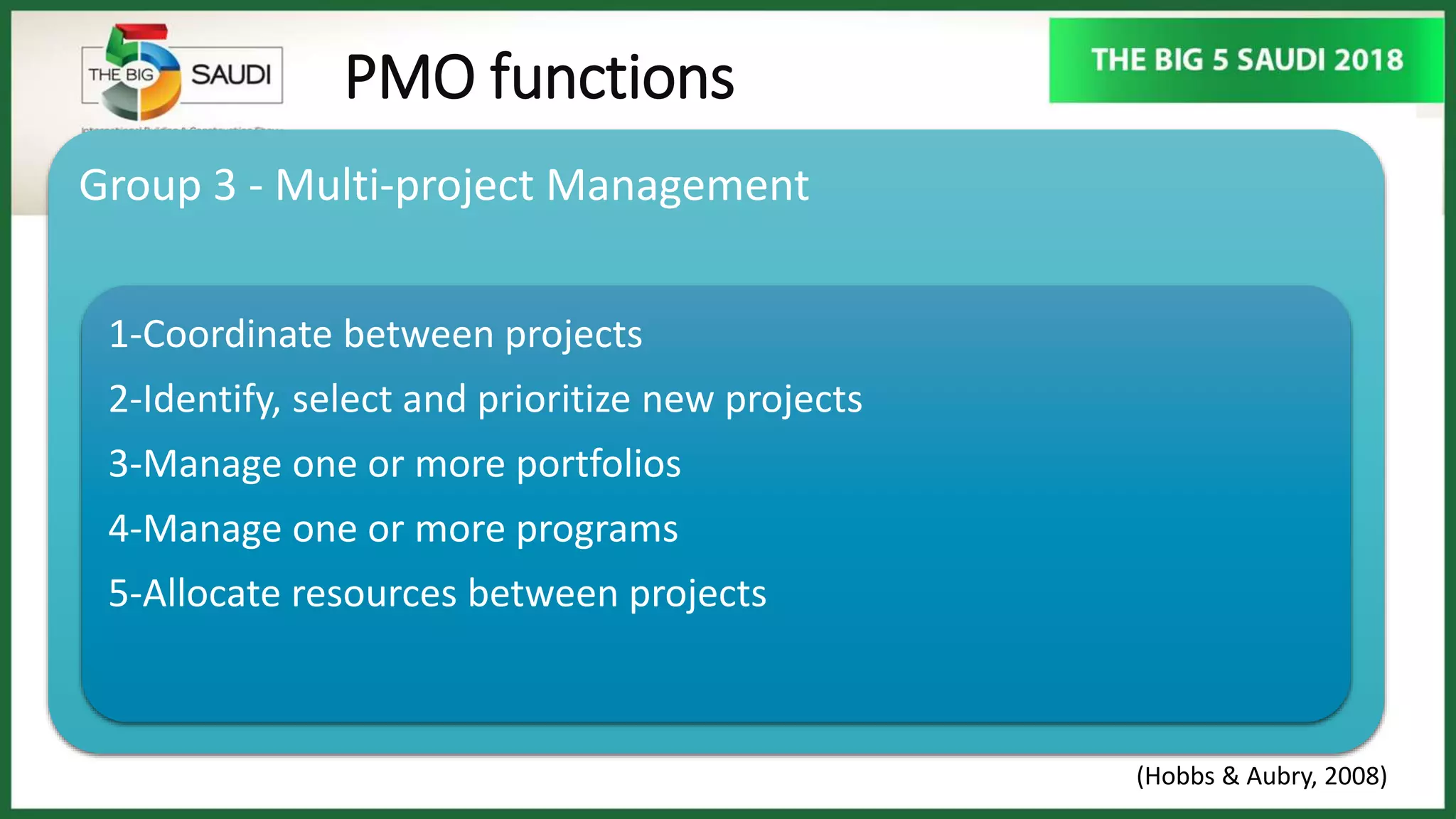 PMO functions
Group 3 - Multi-project Management
1-Coordinate between projects
2-Identify, select and prioritize new projects
3-Manage one or more portfolios
4-Manage one or more programs
5-Allocate resources between projects
(Hobbs & Aubry, 2008)
 