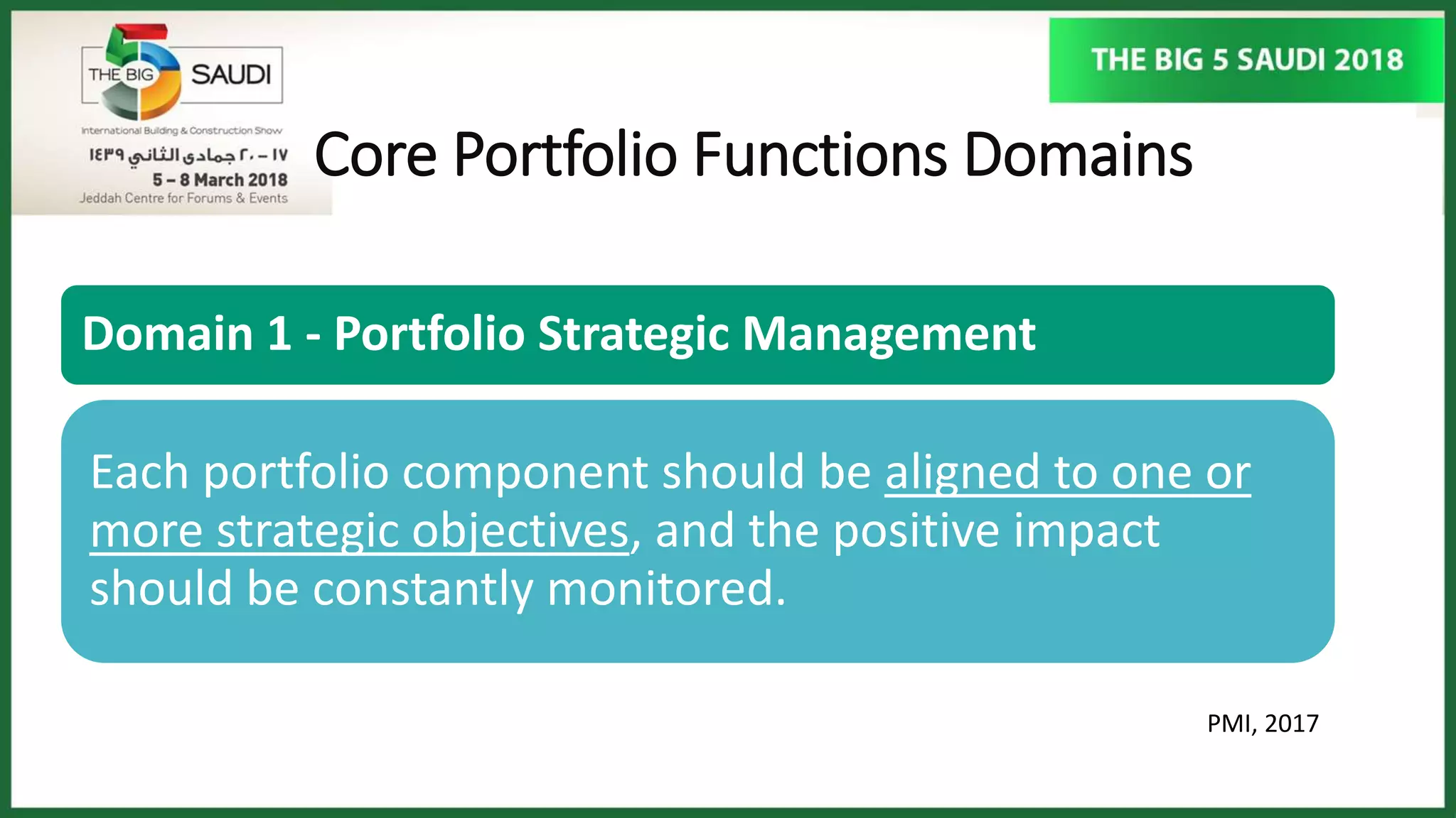 Core Portfolio Functions Domains
PMI, 2017
Domain 1 - Portfolio Strategic Management
Each portfolio component should be aligned to one or
more strategic objectives, and the positive impact
should be constantly monitored.
 