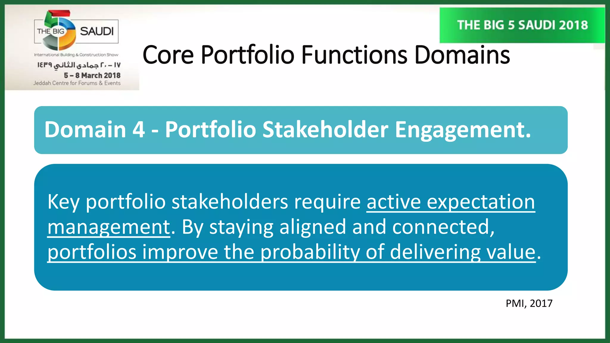 Core Portfolio Functions Domains
PMI, 2017
Domain 4 - Portfolio Stakeholder Engagement.
Key portfolio stakeholders require active expectation
management. By staying aligned and connected,
portfolios improve the probability of delivering value.
 