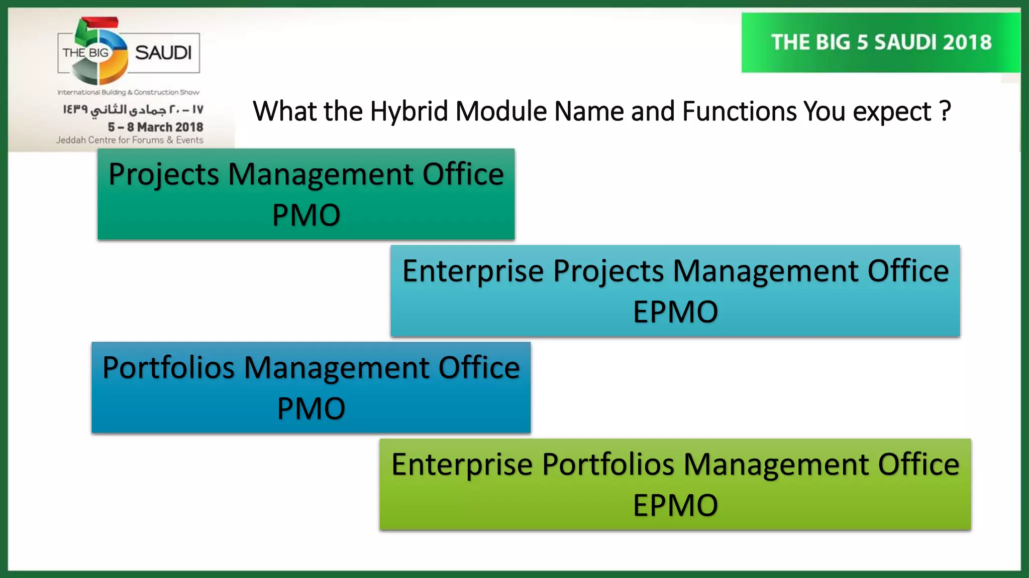 What the Hybrid Module Name and Functions You expect ?
Projects Management Office
PMO
Portfolios Management Office
PMO
Enterprise Projects Management Office
EPMO
Enterprise Portfolios Management Office
EPMO
 