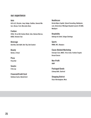our experience
     Auto                                                     Healthcare
     ALTe LLC, Chrysler, Jeep, Dodge, Cadillac, General Mo-   Bristol-Myers Squibb, Tylenol Consulting, Medtipster.
     tors, Nissan, Ford, Mercedes Benz                        com, University of Michigan Hospital Launch, M-CARE,
                                                              MedSport
     Fashion
     CFDA, 7th on 6th Fashion Week, Saks, Neiman Marcus,      Hospitality
     BCBG, Vivienne Tam                                       Auberge du Soleil, Solage Calistoga


     Beverage                                                 Sports
     Diet Rite, Diet A&W, Diet 7Up, Diet Sunkist              WNBA, NFL, Olympics


     Beauty                                                   Cause-Related Marketing
     Revlon, L’Oreal                                          Concept: Cure, NBCC, 7th on Sale, Fashion Targets
                                                              Breast Cancer
     Pizza
     Pizza Hut                                                Non-Profit
                                                              AARP
     Snacks
     Frito-Lay                                                Packaged Goods
                                                              Lifeway Kefir, Starfruit
     Financial/Credit Card
     Goldman Sachs, MasterCard                                Shopping District
                                                              City of Birmingham, Mich.




25
 