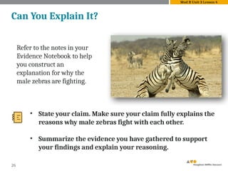 26
Can You Explain It?
Refer to the notes in your
Evidence Notebook to help
you construct an
explanation for why the
male zebras are fighting.
• State your claim. Make sure your claim fully explains the
reasons why male zebras fight with each other.
• Summarize the evidence you have gathered to support
your findings and explain your reasoning.
Mod B Unit 3 Lesson 4
 