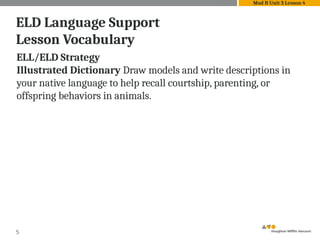 5
ELD Language Support
Lesson Vocabulary
ELL/ELD Strategy
Illustrated Dictionary Draw models and write descriptions in
your native language to help recall courtship, parenting, or
offspring behaviors in animals.
Mod B Unit 3 Lesson 4
 