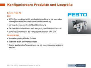 14 | 17.04.2014 | Variantenreiche Fertigung mit SAP ME
Konfigurierbare Produkte und Losgröße
Bei der Festo AG
Ziel:
• 100% Prozesssicherheit für konfigurierbares Material bei manuellen
Montageprozesse durch elektronische Werkerführung
• Verringerter Aufwand für die Qualitätssicherung
• Flexibler Mitarbeitereinsatz auch von gering qualifiziertem Personal
• Echtzeitrückmeldungen der Fertigungssituation an SAP ERP
Ausgangslage
• Manueller papiergeführter Prozess
• Retouren durch fehlerhafte Bauteile
• Gering qualifiziertes Personal kann nur mit hohem Aufwand angelernt
werden
 