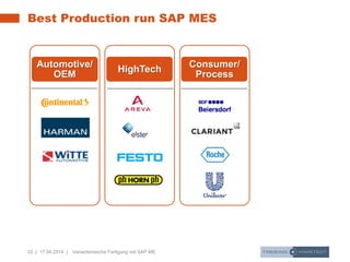 22 | 17.04.2014 | Variantenreiche Fertigung mit SAP ME
Best Production run SAP MES
Automotive/
OEM
HighTech
Consumer/
Process
 