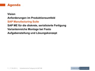 7 | 17.04.2014 | Variantenreiche Fertigung mit SAP ME
Agenda
Vision
Anforderungen im Produktionsumfeld
SAP Manufacturing Suite
SAP ME für die diskrete, serialisierte Fertigung
Variantenreiche Montage bei Festo
Aufgabenstellung und Lösungskonzept
 