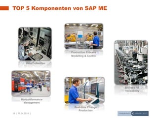 10 | 17.04.2014 |
TOP 5 Komponenten von SAP ME
Production Process
Modelling & Control
Data Collection
Nonconformance
Management
Real-time Change
Production
End-to-End
Traceability
 