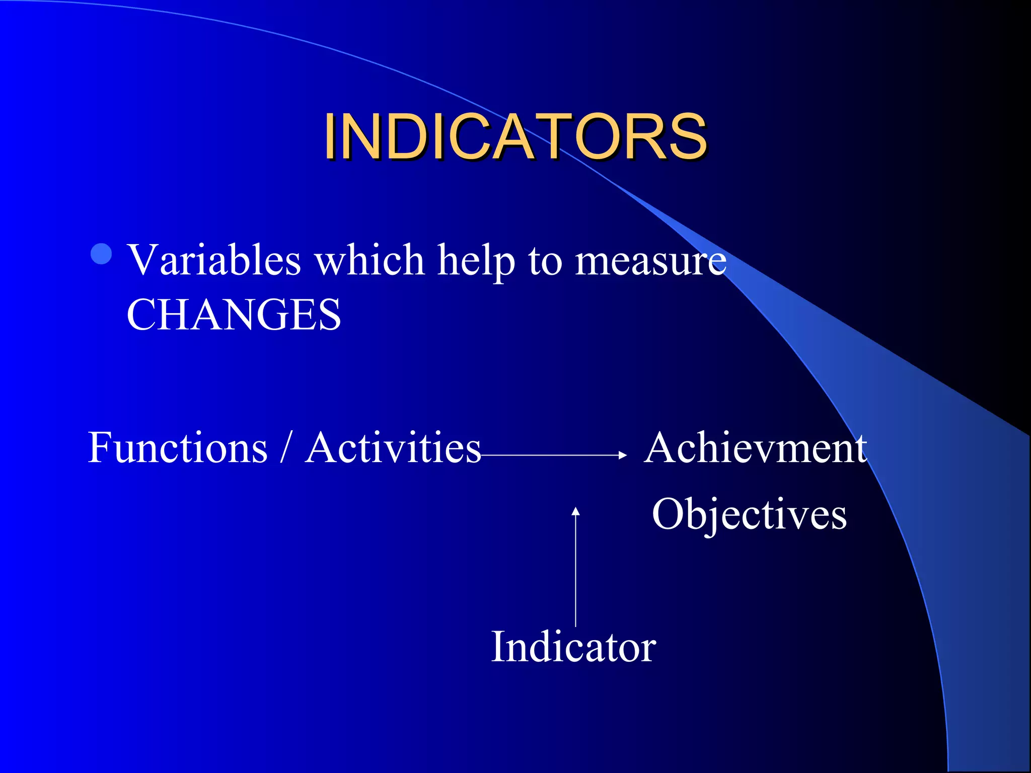 INDICATORS
 Variables
        which help to measure
  CHANGES

Functions / Activities           Achievment
                                 Objectives

                         Indicator
 