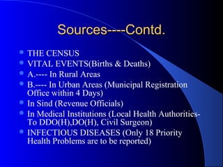 Sources----Contd.
 THE   CENSUS
 VITAL EVENTS(Births & Deaths)
 A.---- In Rural Areas
 B.---- In Urban Areas (Municipal Registration
  Office within 4 Days)
 In Sind (Revenue Officials)
 In Medical Institutions (Local Health Authorities-
  To DDO(H),DO(H), Civil Surgeon)
 INFECTIOUS DISEASES (Only 18 Priority
  Health Problems are to be reported)
 