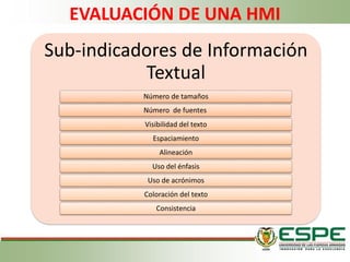 Sub-indicadores de Información
Textual
Número de tamaños
Número de fuentes
Visibilidad del texto
Espaciamiento
Alineación
Uso del énfasis
Uso de acrónimos
Coloración del texto
Consistencia
EVALUACIÓN DE UNA HMI
 