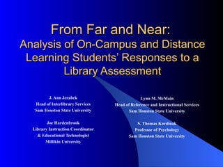From Far and Near:
Analysis of On-Campus and Distance
 Learning Students’ Responses to a
         Library Assessment

         J. Ann Jerabek                          Lynn M. McMain
   Head of Interlibrary Services    Head of Reference and Instructional Services
   Sam Houston State University            Sam Houston State University

         Joe Hardenbrook                      S. Thomas Kordinak
  Library Instruction Coordinator            Professor of Psychology
    & Educational Technologist             Sam Houston State University
        Millikin University
 
