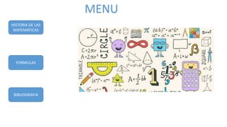 FORMULAS
HISTORIA DE LAS
MATEMATICAS
BIBLIOGRAFIA
MENU