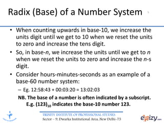 TRINITY INSTITUTE OF PROFESSIONAL STUDIES
Sector – 9, Dwarka Institutional Area, New Delhi-75
5
Radix (Base) of a Number System
• When counting upwards in base-10, we increase the
units digit until we get to 10 when we reset the units
to zero and increase the tens digit.
• So, in base-n, we increase the units until we get to n
when we reset the units to zero and increase the n-s
digit.
• Consider hours-minutes-seconds as an example of a
base-60 number system:
– Eg. 12:58:43 + 00:03:20 = 13:02:03
NB. The base of a number is often indicated by a subscript.
E.g. (123)10 indicates the base-10 number 123.
 