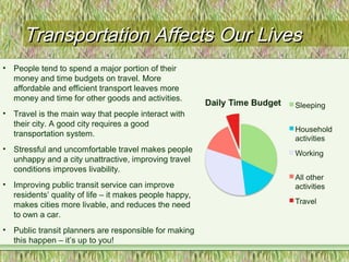 Transportation Affects Our LivesTransportation Affects Our Lives
• People tend to spend a major portion of their
money and time budgets on travel. More
affordable and efficient transport leaves more
money and time for other goods and activities.
• Travel is the main way that people interact with
their city. A good city requires a good
transportation system.
• Stressful and uncomfortable travel makes people
unhappy and a city unattractive, improving travel
conditions improves livability.
• Improving public transit service can improve
residents’ quality of life – it makes people happy,
makes cities more livable, and reduces the need
to own a car.
• Public transit planners are responsible for making
this happen – it’s up to you!
 