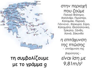τη συμβολίζουμε 
με το γράμμα g 
στην περιοχή 
που ζούμε 
Παλαιό Φάληρο, 
Χαλάνδρι, Περιστέρι, 
Καλαμάκι, Πειραιά, 
Γιάννενα , Κέρκυρα, Σύρο, 
Καλαμάτα, Θεσσαλονίκη, 
Τρίκαλα, Ξάνθη, 
Χανιά, Ζάκυνθο 
η επιτάχυνση 
της πτώσης 
- επιτάχυνση της 
βαρύτητας - 
είναι ίση με 
9,81m/s2 
 