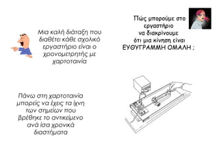 Πώς μπορούμε στο 
εργαστήριο 
να διακρίνουμε 
ότι μια κίνηση είναι 
ΕΥΘΥΓΡΑΜΜΗ ΟΜΑΛΗ ; 
Μια καλή διάταξη που 
διαθέτει κάθε σχολικό 
εργαστήριο είναι ο 
χρονομετρητής με 
χαρτοταινία 
Πάνω στη χαρτοταινία 
μπορείς να έχεις τα ίχνη 
των σημείων που 
βρέθηκε το αντικείμενο 
ανά ίσα χρονικά 
διαστήματα 
 