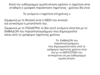 Σύμφωνα με τη Φυσική είναι η ΘΕΣΗ του κινητού 
και γενικότερα η μετατόπισή του . 
Σύμφωνα με τη ΓΕΩΜΕΤΡΙΑ το ίδιο αυτό γινόμενο είναι ίσο με το 
ΕΜΒΑΔΟΝ του παραλληλογράμμου που δημιουργείται 
κάτω από το γράφημα ταχύτητας χρόνου 
υ 
Κατά την ευθύγραμμη ομαλή κίνηση εφόσον η ταχύτητα είναι 
σταθερή η γραφική παράσταση ταχύτητας - χρόνου θα είναι 
Το γινόμενο « ταχύτητα επί χρόνος » 
t 
Το ΕΜΒΑΔΟΝ του 
παραλληλογράμμου 
που δημιουργείται κάτω από το 
γράφημα ταχύτητας χρόνου είναι 
ίσο με τη ΜΕΤΑΤΟΠΙΣΗ του 
αντικειμένου σε μια ευθύγραμμη 
ομαλή κίνηση 
 