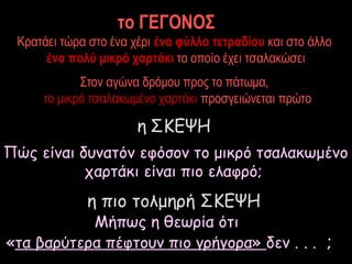 το ΓΕΓΟΝΟΣ 
Κρατάει τώρα στο ένα χέρι ένα φύλλο τετραδίου και στο άλλο 
ένα πολύ μικρό χαρτάκι το οποίο έχει τσαλακώσει 
Στον αγώνα δρόμου προς το πάτωμα, 
το μικρό τσαλακωμένο χαρτάκι προσγειώνεται πρώτο 
η ΣΚΕΨΗ 
Πώς είναι δυνατόν εφόσον το μικρό τσαλακωμένο 
χαρτάκι είναι πιο ελαφρό; 
η πιο τολμηρή ΣΚΕΨΗ 
Μήπως η θεωρία ότι 
«τα βαρύτερα πέφτουν πιο γρήγορα» δεν . . . ; 
 