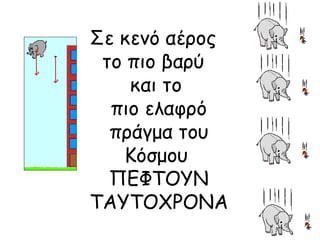 Σε κενό αέρος 
το πιο βαρύ 
και το 
πιο ελαφρό 
πράγμα του 
Κόσμου 
ΠΕΦΤΟΥΝ 
ΤΑΥΤΟΧΡΟΝΑ 
 
