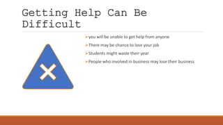 Getting Help Can Be
Difficult
you will be unable to get help from anyone
There may be chance to lose your job
Students might waste their year
People who involved in business may lose their business
 
