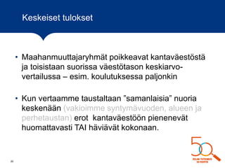 Keskeiset tulokset
• Maahanmuuttajaryhmät poikkeavat kantaväestöstä
ja toisistaan suorissa väestötason keskiarvo-
vertailussa – esim. koulutuksessa paljonkin
• Kun vertaamme taustaltaan ”samanlaisia” nuoria
keskenään (vakioimme syntymävuoden, alueen ja
perhetaustan) erot kantaväestöön pienenevät
huomattavasti TAI häviävät kokonaan.
20
 