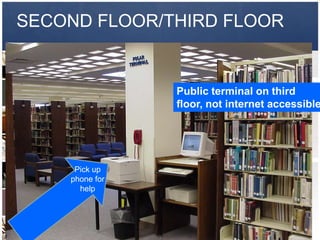 SECOND FLOOR/THIRD FLOOR


                Public terminal on third
                floor, not internet accessible




     Pick up
    phone for
      help
 