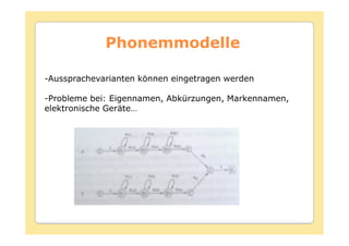 Phonemmodelle

-Aussprachevarianten können eingetragen werden

-Probleme bei: Eigennamen, Abkürzungen, Markennamen,
elektronische Geräte…
 