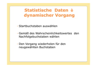 Statistische Daten
   dynamischer Vorgang

Startbuchstaben auswählen

Gemäß des Wahrscheinlichkeitswertes den
Nachfolgebuchstaben wählen

Den Vorgang wiederholen für den
neugewählten Buchstaben
 