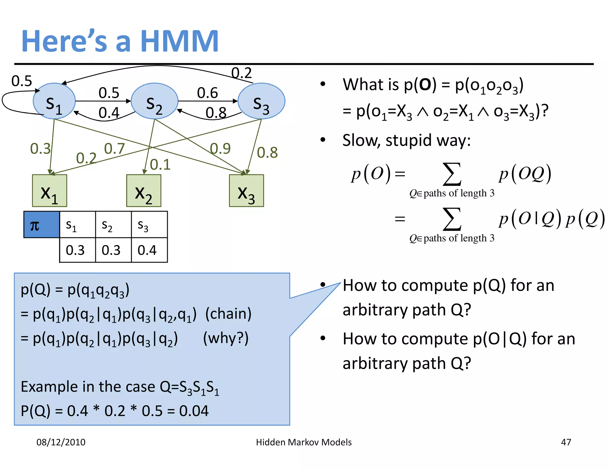 Here’s a HMM
0.5                                         0.2
                    0.5              0.6                       • What is p(O) = p(o1o2o3)
       s1           0.4
                           s2         0.8
                                                  s3             = p(o1=X3 ∧ o2=X1 ∧ o3=X3)?

  0.3               0.7               0.9                      • Slow, stupid way:
              0.2                                 0.8
                               0.1
                                                                         p (O ) =          ∑              p ( OQ )
      x1                  x2                x3                                      Q∈paths of length 3


  π         s1      s2    s3                                                   =           ∑              p (O | Q ) p (Q )
                                                                                    Q∈paths of length 3
                                                                                    Q∈
            0.3     0.3   0.4

 p(Q) = p(q1q2q3)                                              • How to compute p(Q) for an
 = p(q1)p(q2|q1)p(q3|q2,q1) (chain)                              arbitrary path Q?
 = p(q1)p(q2|q1)p(q3|q2) (why?)                                • How to compute p(O|Q) for an
                                                                 arbitrary path Q?
 Example in the case Q=S3S1S1
 P(Q) = 0.4 * 0.2 * 0.5 = 0.04
      08/12/2010                                  Hidden Markov Models                                               47
 