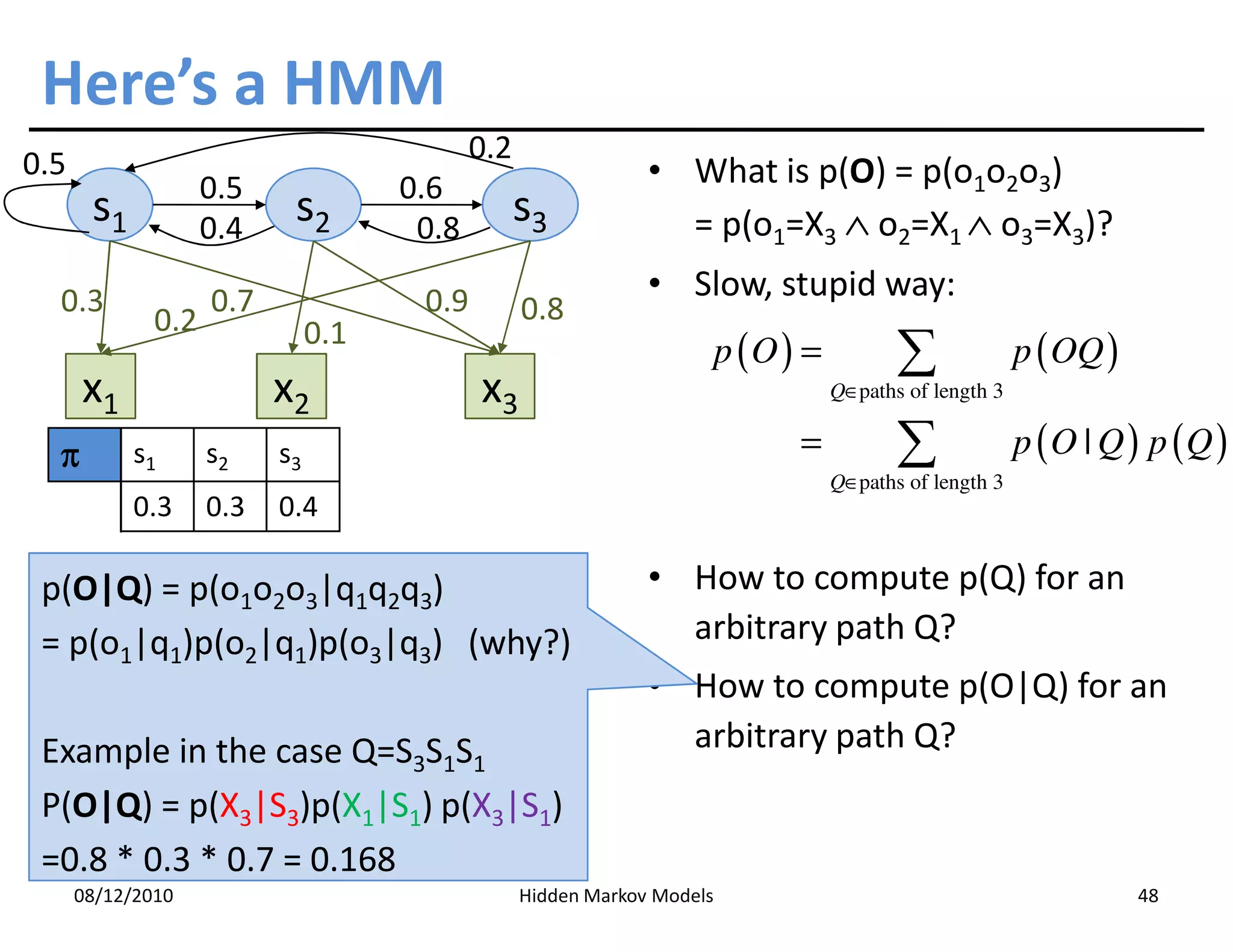 Here’s a HMM
0.5                                         0.2
                    0.5              0.6                       • What is p(O) = p(o1o2o3)
       s1           0.4
                           s2         0.8
                                                  s3             = p(o1=X3 ∧ o2=X1 ∧ o3=X3)?

  0.3               0.7               0.9                      • Slow, stupid way:
              0.2                                 0.8
                               0.1
                                                                         p (O ) =          ∑              p ( OQ )
      x1                  x2                x3                                      Q∈paths of length 3


  π         s1      s2    s3                                                   =           ∑              p (O | Q ) p (Q )
                                                                                    Q∈paths of length 3
                                                                                    Q∈
            0.3     0.3   0.4

 p(O|Q) = p(o1o2o3|q1q2q3)                                     • How to compute p(Q) for an
 = p(o1|q1)p(o2|q1)p(o3|q3) (why?)                               arbitrary path Q?
                                                               • How to compute p(O|Q) for an
 Example in the case Q=S3S1S1                                    arbitrary path Q?
 P(O|Q) = p(X3|S3)p(X1|S1) p(X3|S1)
 =0.8 * 0.3 * 0.7 = 0.168
      08/12/2010                                  Hidden Markov Models                                               48
 