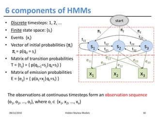 6 components of HMMs
                                                                         start
• Discrete timesteps: 1, 2, ...
• Finite state space: {si}                                    π1              π2           π3
• Events {xi}                                                                               t31
                                               t11
                                                                   t12             t23
                                   π
• Vector of initial probabilities {πi}                   s1               s2                       s3
                                                                   t21               t32
  πi = p(q0 = si)
• Matrix of transition probabilities                               e13
                                                     e11                             e23           e33
                                                               e31
  T = {tij} = { p(qt+1=sj|qt=si) }                                        e22
• Matrix of emission probabilities                    x1                 x2                  x3
  E = {eij} = { p(ot=xj|qt=si) }


 The observations at continuous timesteps form an observation sequence
 {o1, o2, ..., ot}, where oi ∈ {x1, x2, ..., xo}

  08/12/2010                      Hidden Markov Models                                            30
 