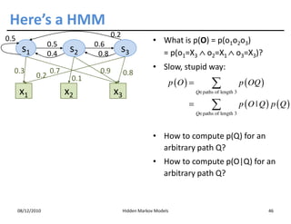 Here’s a HMM
0.5                                     0.2
                    0.5          0.6                       • What is p(O) = p(o1o2o3)
       s1           0.4
                           s2     0.8
                                              s3             = p(o1=X3 ∧ o2=X1 ∧ o3=X3)?

  0.3               0.7           0.9                      • Slow, stupid way:
              0.2                             0.8
                           0.1
                                                                     p (O ) =          ∑              p ( OQ )
      x1                  x2            x3                                      Q∈paths of length 3

                                                                           =           ∑              p (O | Q ) p (Q )
                                                                                Q∈paths of length 3
                                                                                Q∈



                                                           • How to compute p(Q) for an
                                                             arbitrary path Q?
                                                           • How to compute p(O|Q) for an
                                                             arbitrary path Q?



      08/12/2010                              Hidden Markov Models                                               46
 