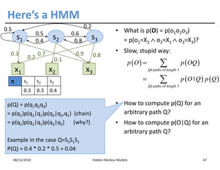 Here’s a HMM
0.5                                         0.2
                    0.5              0.6                       • What is p(O) = p(o1o2o3)
       s1           0.4
                           s2         0.8
                                                  s3             = p(o1=X3 ∧ o2=X1 ∧ o3=X3)?

  0.3               0.7               0.9                      • Slow, stupid way:
              0.2                                 0.8
                               0.1
                                                                         p (O ) =          ∑              p ( OQ )
      x1                  x2                x3                                      Q∈paths of length 3


  π         s1      s2    s3                                                   =           ∑              p (O | Q ) p (Q )
                                                                                    Q∈paths of length 3
                                                                                    Q∈
            0.3     0.3   0.4

 p(Q) = p(q1q2q3)                                              • How to compute p(Q) for an
 = p(q1)p(q2|q1)p(q3|q2,q1) (chain)                              arbitrary path Q?
 = p(q1)p(q2|q1)p(q3|q2) (why?)                                • How to compute p(O|Q) for an
                                                                 arbitrary path Q?
 Example in the case Q=S3S1S1
 P(Q) = 0.4 * 0.2 * 0.5 = 0.04
      08/12/2010                                  Hidden Markov Models                                               47
 