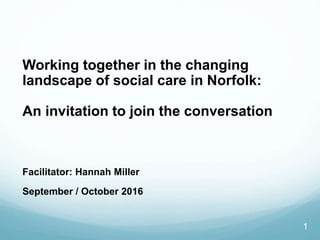 Working together in the changing
landscape of social care in Norfolk:
An invitation to join the conversation
Facilitator: Hannah Miller
September / October 2016
1
 