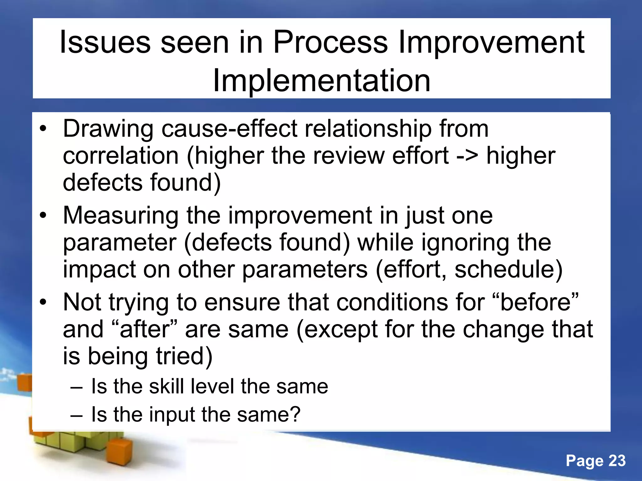 Page 23
Issues seen in Process Improvement
Implementation
• Drawing cause-effect relationship from
correlation (higher the review effort -> higher
defects found)
• Measuring the improvement in just one
parameter (defects found) while ignoring the
impact on other parameters (effort, schedule)
• Not trying to ensure that conditions for “before”
and “after” are same (except for the change that
is being tried)
– Is the skill level the same
– Is the input the same?
 