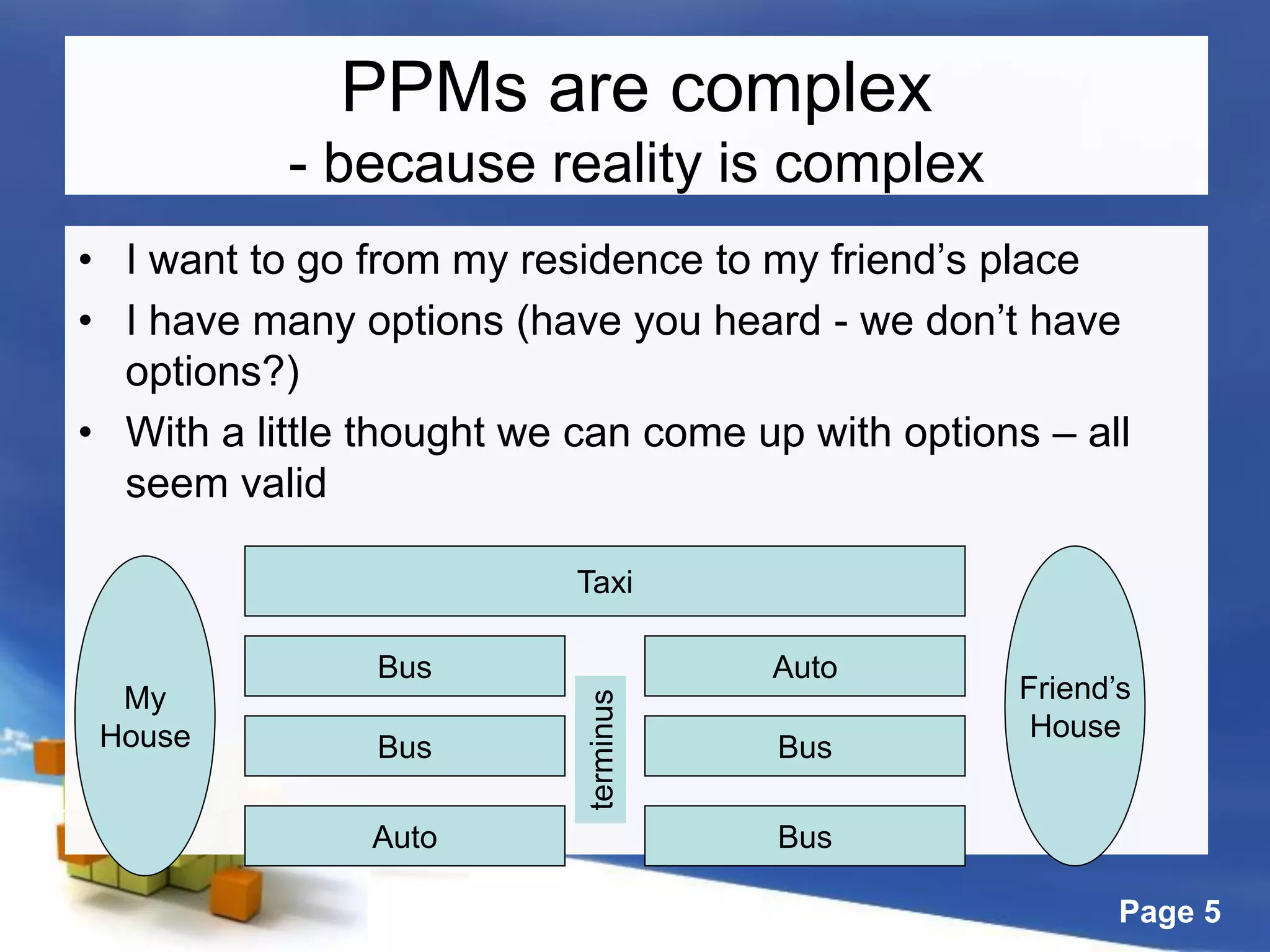Page 5
PPMs are complex
- because reality is complex
• I want to go from my residence to my friend’s place
• I have many options (have you heard - we don’t have
options?)
• With a little thought we can come up with options – all
seem valid
Taxi
Bus Auto
terminus
Bus Bus
Auto Bus
My
House
Friend’s
House
 