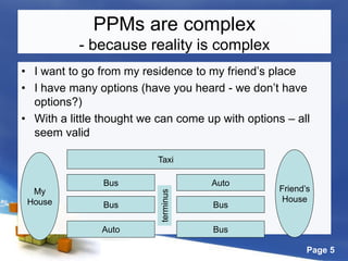Page 5
PPMs are complex
- because reality is complex
• I want to go from my residence to my friend’s place
• I have many options (have you heard - we don’t have
options?)
• With a little thought we can come up with options – all
seem valid
Taxi
Bus Auto
terminus
Bus Bus
Auto Bus
My
House
Friend’s
House
 