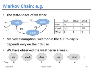 Markov Chain: e.g.
• The state-space of weather:
                                    1/2                                   Rain    Cloud   Wind
                  rain                          wind
                                                                  Rain    ½       0       ½
                                          2/3                     Cloud   1/3     0       2/3
 1/2                     1/3                         1
                                      cloud                       Wind    0       1       0


• Markov assumption: weather in the t+1’th day is
  depends only on the t’th day.
• We have observed the weather in a week:
        rain                   wind             cloud              rain          wind

Day:          0                 1                2                  3              4
 28/03/2011                                       Markov models                                 34
 