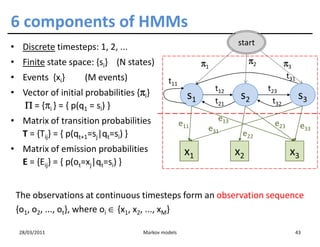 6 components of HMMs
                                                                      start
• Discrete timesteps: 1, 2, ...
• Finite state space: {si} (N states)                      π1              π2           π3
• Events {xi}       (M events)                                                           t31
                                             t11
                                                                t12             t23
                                   π
• Vector of initial probabilities {πi}                s1               s2                       s3
                                                                t21               t32
  Π = {πi } = { p(q1 = si) }
• Matrix of transition probabilities                            e13
                                                    e11                           e23           e33
                                                            e31
  T = {Tij} = { p(qt+1=sj|qt=si) }                                     e22
• Matrix of emission probabilities                   x1               x2                  x3
  E = {Eij} = { p(ot=xj|qt=si) }


 The observations at continuous timesteps form an observation sequence
 {o1, o2, ..., ot}, where oi ∈ {x1, x2, ..., xM}

  28/03/2011                        Markov models                                              43
 