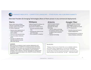 HAMMER	FIBER	OPTIC	- COMPETITIVE	LANDSCAPE-- OTHER	RURAL	AND	SUBURBAN	MARKETS
16
Alternate	Providers	&	Emerging	Technologies	[None	of	them	proven	in	any	commercial	deployment]
Starry
Boston	based	startup	utilizing	
millimeter	wavelength	technology	
to	deliver	wireless	service	over	
37-39	Ghz Frequencies.
• Requires	dense	deployments	of	
custom	equipment	in	major	
metro	markets.
• Has	yet	to	move	passed	testing
• Has	yet	to	release	retail	price	
points
• Has	given	no	indication	that	
they	will	provide	any	service	
other	than	Internet.
Webpass
California	based	ISP	utilizing	a	mix	
of	FTTH	and	P2P	wireless	
deployments	to	deliver	service.
• Recently	acquired	by	Google	
Fiber
• Working	with	Artemis	to	test	
pCell	Technology
• Not	considered	a	competitor
Artemis
California	based	company	
advancing	pCell	or	next	
generation	LTE	cellular	
technology.
Google	Fiber
Alphabet	subsidiary	looking	to	
deploy	gigabit	services	to	the	
home.		Until	recently	has	focused	
on	FTTH	deployments.
• Focus	on	cellular	technology
• Recently	announced	move	to	
wireless	deployments
SUMMARY:
Many	carriers	are	looking	to	move	to	wireless	deployments	and	
technologies	that	can	handle	the	increasing	consumer	demand	for	
bandwidth	due	to	the	high	costs	associated	with	deploying	wireline	
and/or	fiber	optic	systems.		Much	depends	on	them	proving	the	
capability	of	their	endeavors.	Hammer	Technology	has	already	proven	
its	viability	in	8	countries	abroad.	USA	is	READY	for	Hammer	Wireless	
deployment	NOW!
• No	announcements	as	of	yet	on	
choice	of	wireless	architecture
• No	indication	whether	possible	
to	adapt	to	fixed	residential	
service	
• Unproven	technology
HEADLINES:
“Webpass Chief Executive Charles Barr, now an Alphabet employee,
said wireless offers an opportunity to overcome the challenging
economics of building fiber networks from scratch. “Everyone who
has done fiber to the home has given up because it costs way too much
money and takes way too much time,” he said.” - Wall Street Journal
CONFIDENTIAL	– VERSION	3.9
 