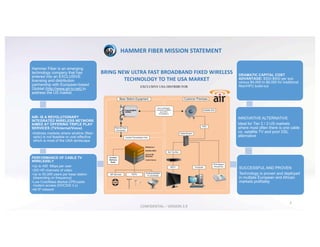 BRING	NEW	ULTRA	FAST	BROADBAND	FIXED	WIRELESS	
TECHNOLOGY	TO	THE	USA	MARKET
3
Hammer Fiber is an emerging
technology company that has
entered into an EXCLUSIVE
licensing and distribution
partnership with European-based
Globtel (http://www.air-tv.net) to
address the US market.
AIR- IS A REVOLUTIONARY
INTEGRATED WIRELESS NETWORK
AIMED AT OFFERING TRIPLE PLAY
SERVICES (TV/Internet/Voice)
•Address markets where wireline (fiber-
optic) is not feasible or cost effective
which is most of the USA landscape
PERFORMANCE OF CABLE TV
WIRELESSLY
•Up to 450 Mbps per user
•200 HD channels of video
•Up to 50,000 users per base station
[depending on frequency]
•Low Cost/Mass Market CPE/cable
modem access (DOCSIS 3.x)
•All IP network
SUCCESSFUL AND PROVEN
Technology is proven and deployed
in multiple European and African
markets profitably
INNOVATIVE ALTERNATIVE
Ideal for Tier 2 / 3 US markets
where most often there is one cable
co, satellite TV and poor DSL
alternative
DRAMATIC CAPITAL COST
ADVANTAGE: $500-$600 per sub
versus $4,000 to $6,000 for traditional
fiber/HFC build-outEXCLUSIVE USA DISTRIBUTOR
HAMMER	FIBER	MISSION	STATEMENT
CONFIDENTIAL	– VERSION	3.9
 